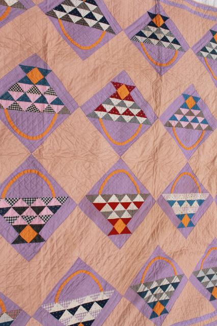 photo of 1920-30s vintage hand-stitched quilt, basket pattern antique cotton fabric #7