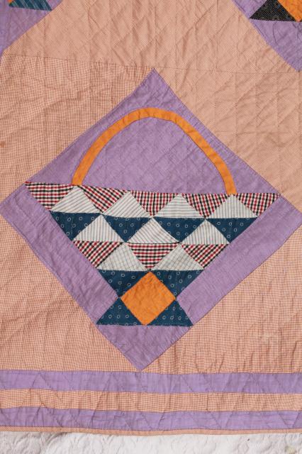 photo of 1920-30s vintage hand-stitched quilt, basket pattern antique cotton fabric #8