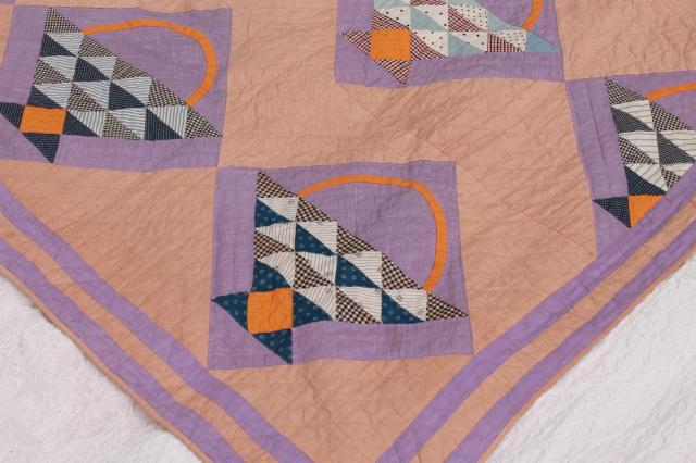 photo of 1920-30s vintage hand-stitched quilt, basket pattern antique cotton fabric #9