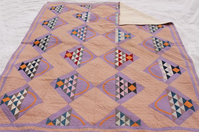 photo of 1920-30s vintage hand-stitched quilt, basket pattern antique cotton fabric #10