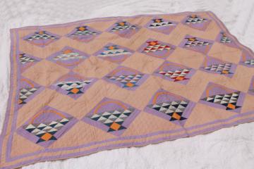 catalog photo of 1920-30s vintage hand-stitched quilt, basket pattern antique cotton fabric