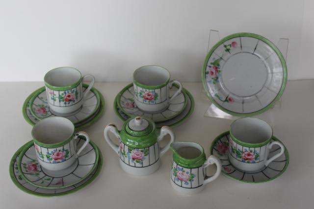 photo of 1920s 1930s vintage Japan hand painted china garden party tea set, roses & jadite green #1
