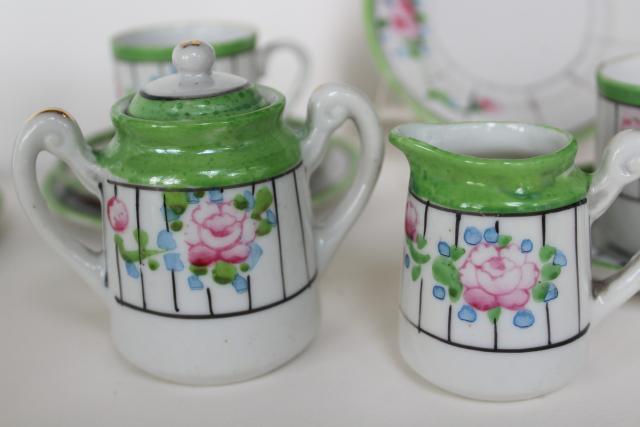 photo of 1920s 1930s vintage Japan hand painted china garden party tea set, roses & jadite green #6