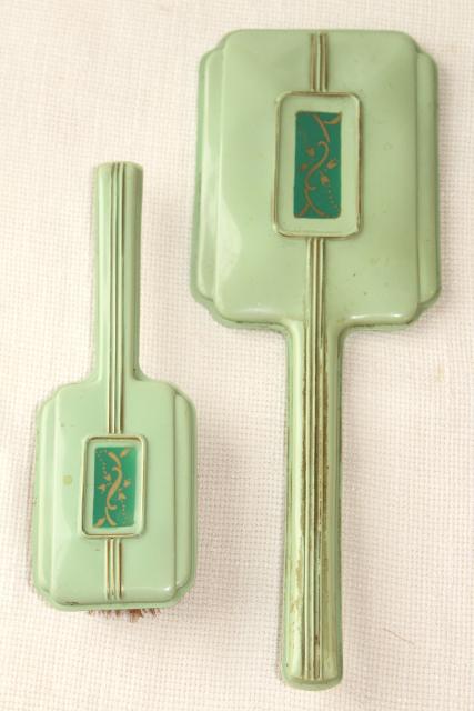 photo of 1920s 1930s vintage jadite green early plastic celluloid dresser set, hairbrush & mirror #2