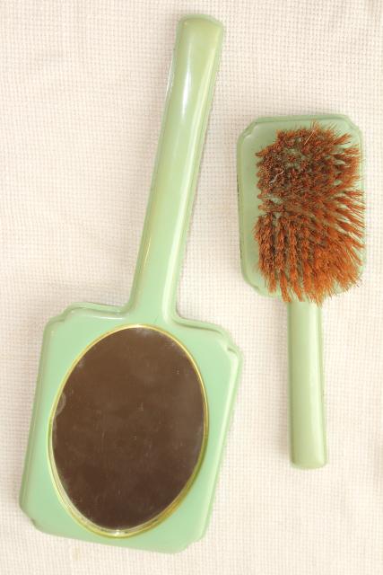 photo of 1920s 1930s vintage jadite green early plastic celluloid dresser set, hairbrush & mirror #3