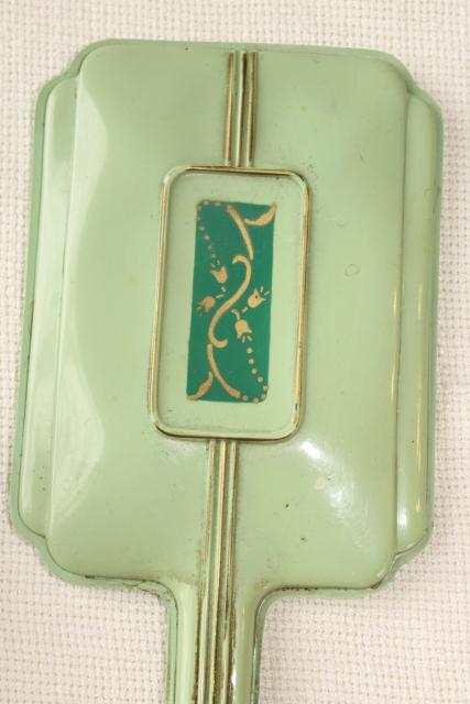 photo of 1920s 1930s vintage jadite green early plastic celluloid dresser set, hairbrush & mirror #4