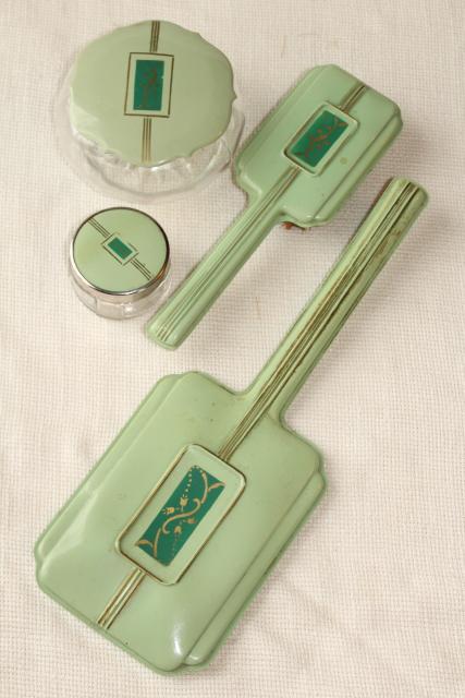 photo of 1920s 1930s vintage jadite green early plastic celluloid dresser set, hairbrush & mirror #5