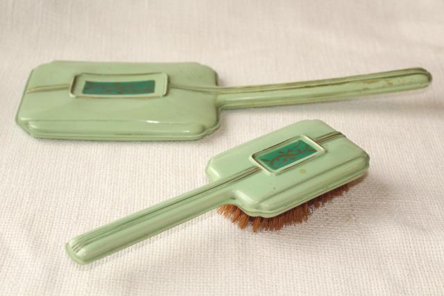 photo of 1920s 1930s vintage jadite green early plastic celluloid dresser set, hairbrush & mirror #12