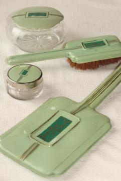 catalog photo of 1920s 1930s vintage jadite green early plastic celluloid dresser set, hairbrush & mirror