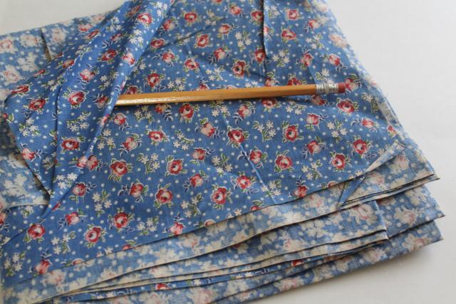 photo of 1920s 1930s vintage print cotton fabric, housedress or apron material tiny red roses on blue #1