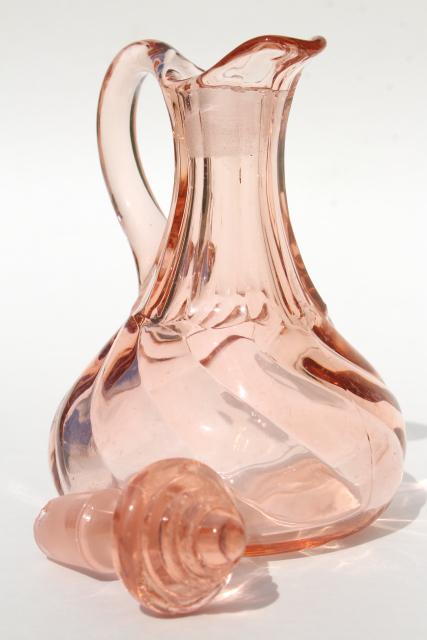 photo of 1920s 1930s vintage rose pink & amber yellow depression glass cruet bottles #2