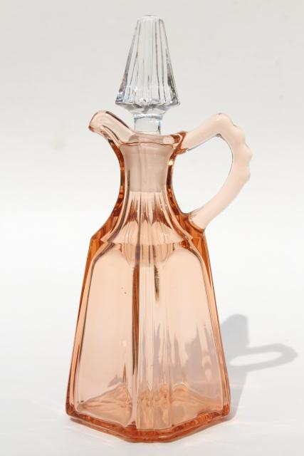 photo of 1920s 1930s vintage rose pink & amber yellow depression glass cruet bottles #3