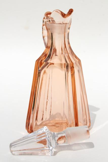 photo of 1920s 1930s vintage rose pink & amber yellow depression glass cruet bottles #4