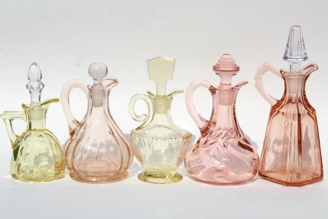 photo of 1920s 1930s vintage rose pink & amber yellow depression glass cruet bottles #7