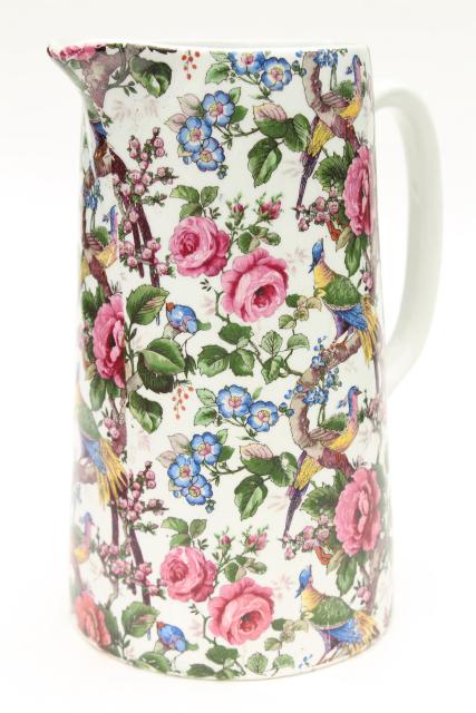 photo of 1920s 30s vintage English chintz china pitcher, birds & roses Lincoln pottery #1