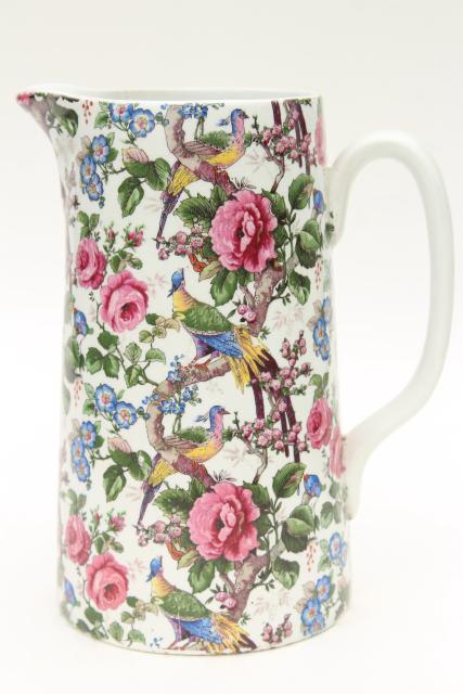 photo of 1920s 30s vintage English chintz china pitcher, birds & roses Lincoln pottery #2