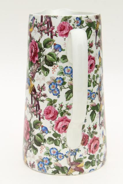 photo of 1920s 30s vintage English chintz china pitcher, birds & roses Lincoln pottery #3