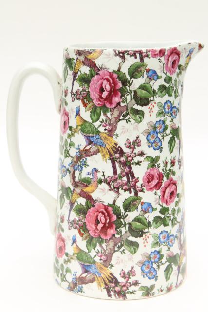 photo of 1920s 30s vintage English chintz china pitcher, birds & roses Lincoln pottery #4