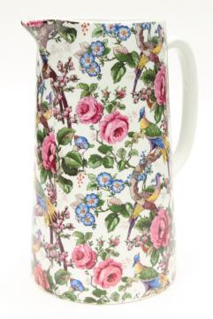 catalog photo of 1920s 30s vintage English chintz china pitcher, birds & roses Lincoln pottery