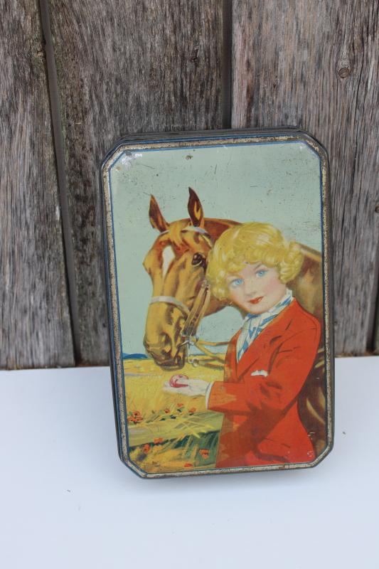 photo of 1920s 30s vintage Mackintosh English toffee tin, flapper bob girl w/ horse #1