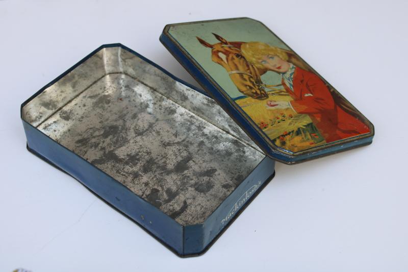 photo of 1920s 30s vintage Mackintosh English toffee tin, flapper bob girl w/ horse #3