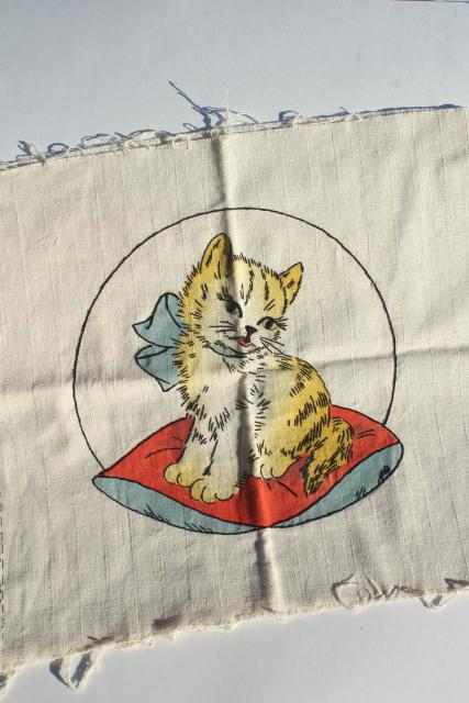 photo of 1920s 30s vintage Vogart tinted embroidery, embroidered kitten on shaded linen  #1