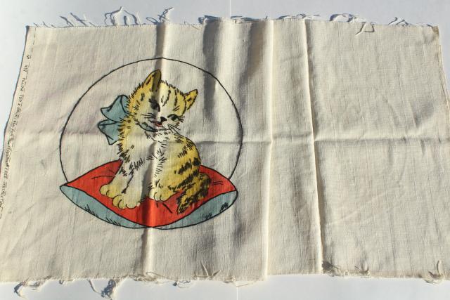 photo of 1920s 30s vintage Vogart tinted embroidery, embroidered kitten on shaded linen  #2