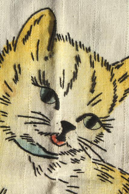photo of 1920s 30s vintage Vogart tinted embroidery, embroidered kitten on shaded linen  #5