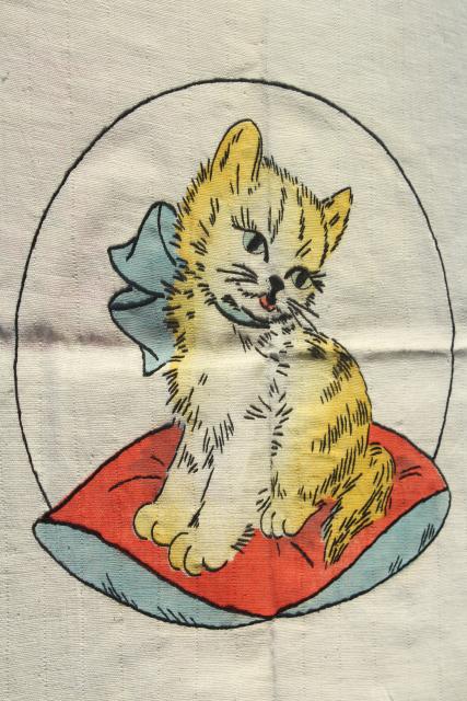 photo of 1920s 30s vintage Vogart tinted embroidery, embroidered kitten on shaded linen  #6