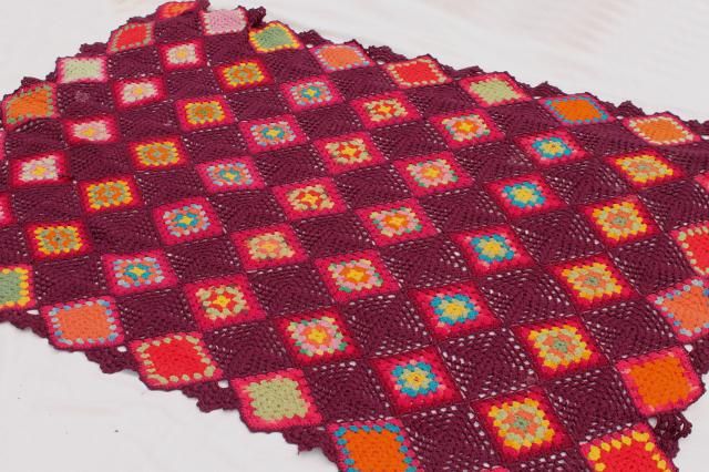 photo of 1920s 30s vintage bohemian crochet granny squares blanket throw, deep maroon red w/ jewel colors #1