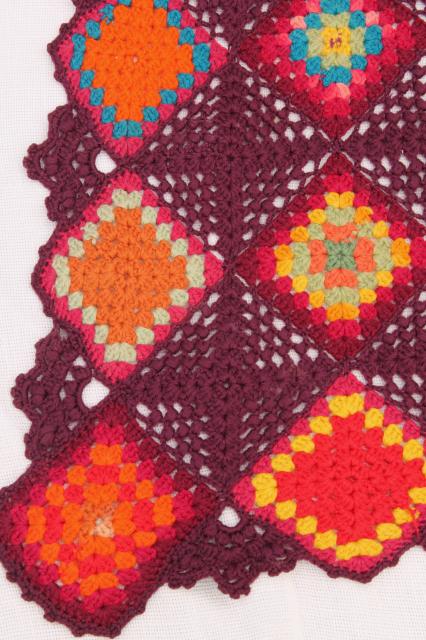photo of 1920s 30s vintage bohemian crochet granny squares blanket throw, deep maroon red w/ jewel colors #5
