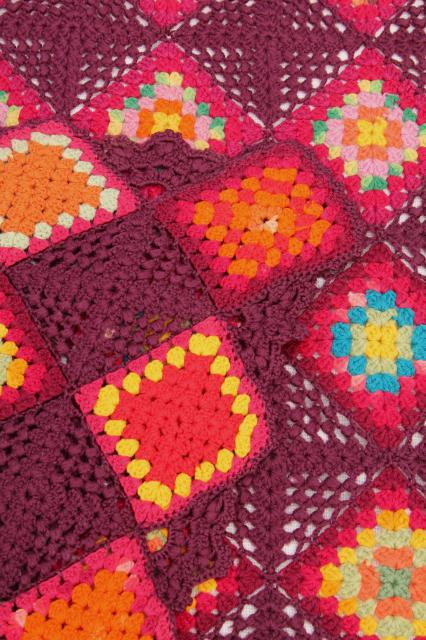 photo of 1920s 30s vintage bohemian crochet granny squares blanket throw, deep maroon red w/ jewel colors #7