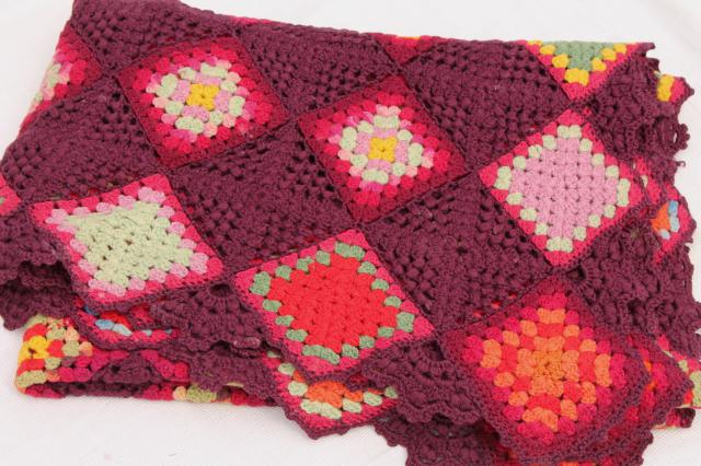 photo of 1920s 30s vintage bohemian crochet granny squares blanket throw, deep maroon red w/ jewel colors #8