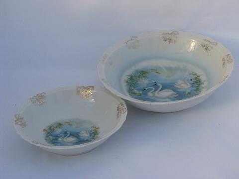 photo of 1920s - 30s vintage china bowls, white swans on blue, shabby cottage chic #1