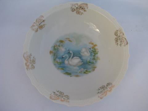 photo of 1920s - 30s vintage china bowls, white swans on blue, shabby cottage chic #3