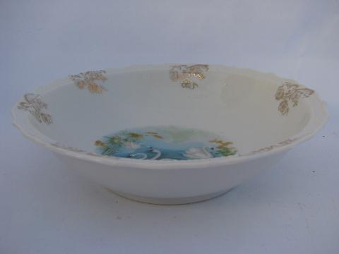 photo of 1920s - 30s vintage china bowls, white swans on blue, shabby cottage chic #4