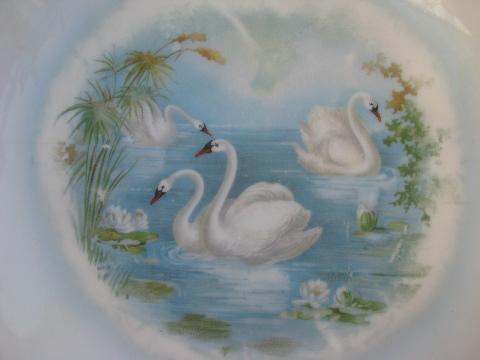 photo of 1920s - 30s vintage china bowls, white swans on blue, shabby cottage chic #5