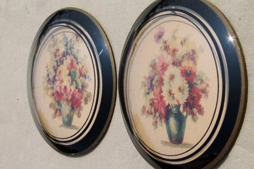 photo of 1920s 30s vintage convex bubble glass pictures w/ pair of antique floral prints #1