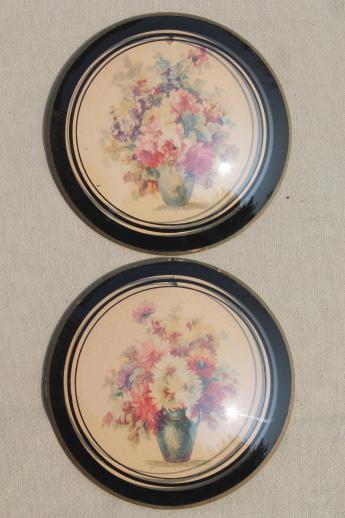 photo of 1920s 30s vintage convex bubble glass pictures w/ pair of antique floral prints #2