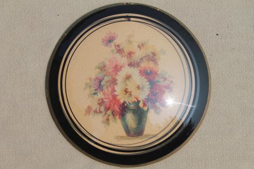 photo of 1920s 30s vintage convex bubble glass pictures w/ pair of antique floral prints #4