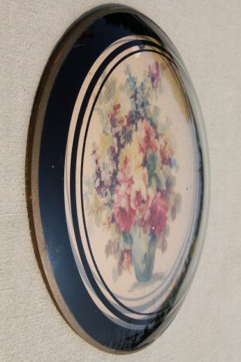 photo of 1920s 30s vintage convex bubble glass pictures w/ pair of antique floral prints #5