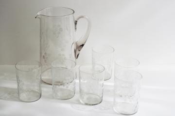 catalog photo of 1920s 30s vintage etched glass lemonade pitcher and drinking glasses set