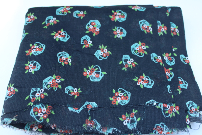 photo of 1920s 30s vintage fabric, sheer soft cotton dimity flower baskets print on black #1