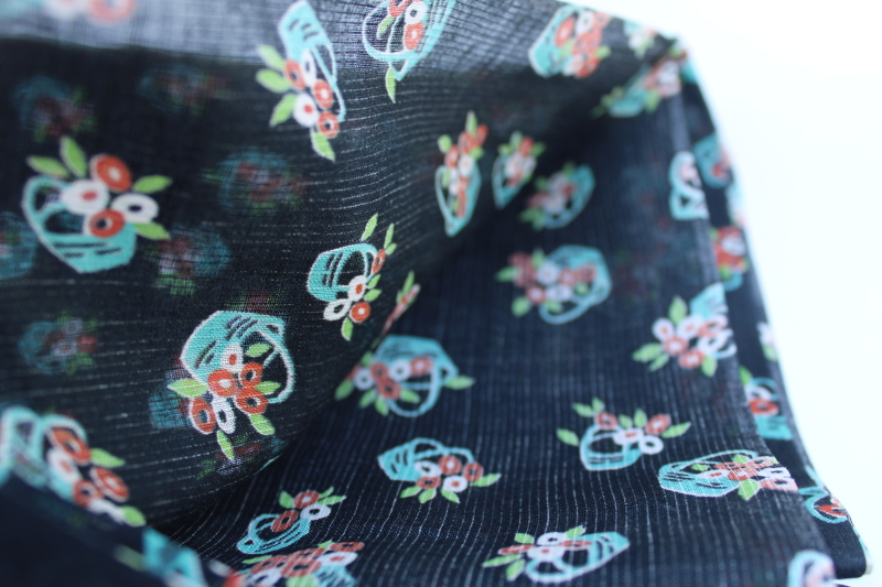 photo of 1920s 30s vintage fabric, sheer soft cotton dimity flower baskets print on black #2