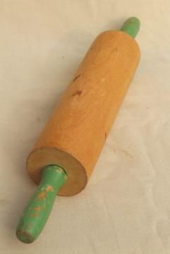 catalog photo of 1920s 30s vintage hardwood rolling pin w/ green wood handles, antique kitchenware