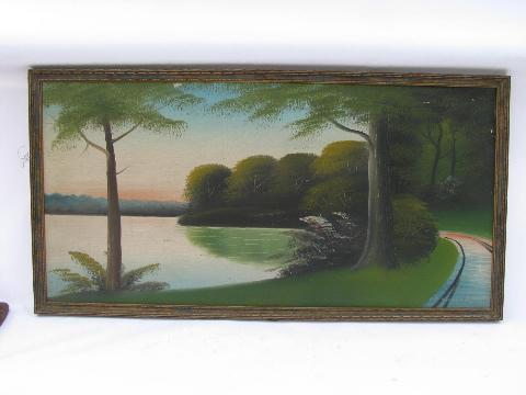 photo of 1920s - 30s vintage original paintings, primitive landscapes, lake w/ early bi-plane #2