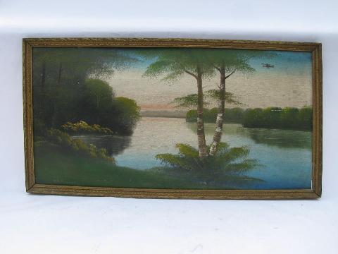 photo of 1920s - 30s vintage original paintings, primitive landscapes, lake w/ early bi-plane #4