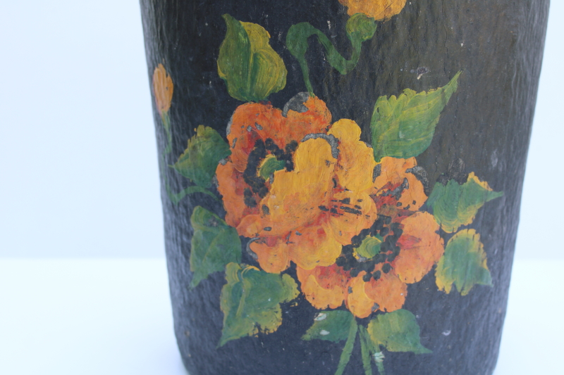 photo of 1920s 30s vintage papier mache wastebasket, Harvey Ware pressed paper trash can w/ hand painted poppies  #2