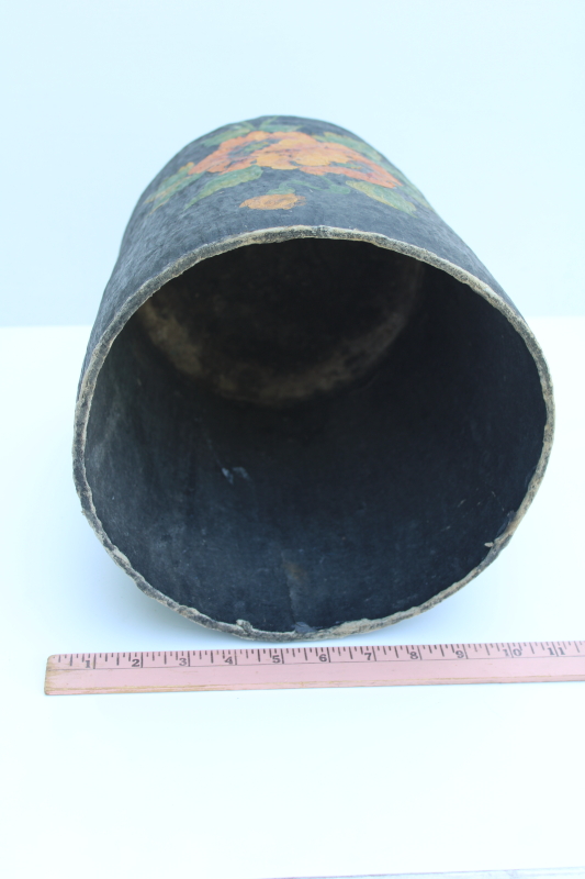 photo of 1920s 30s vintage papier mache wastebasket, Harvey Ware pressed paper trash can w/ hand painted poppies  #7