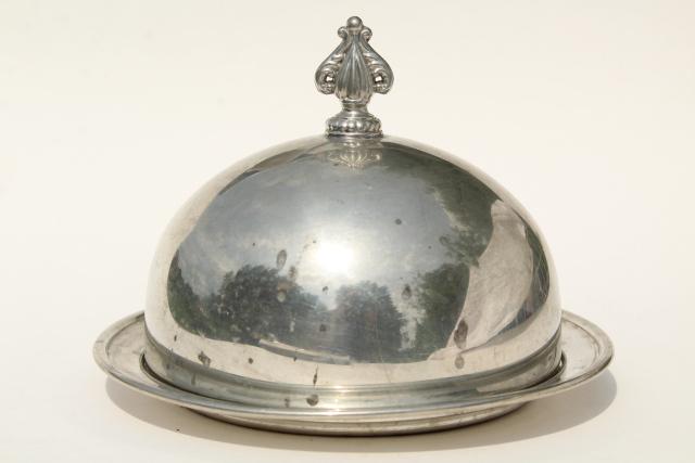 photo of 1920s 30s vintage pewter butter dish, antique table silver, dome cover plate #1